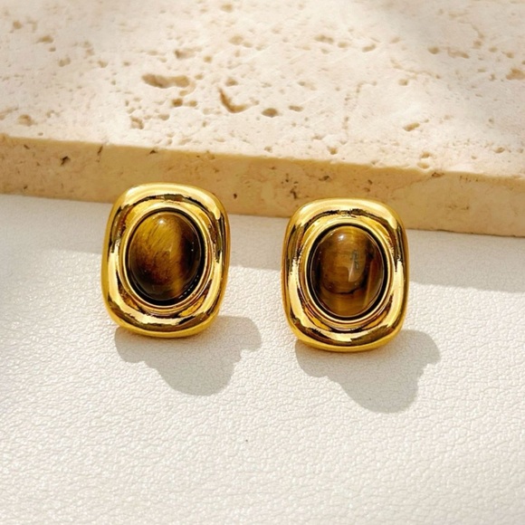 18K Gold Plated Tiger Eye Earrings*Square Earrings*Vintage Inspired Earrings - Picture 1 of 4